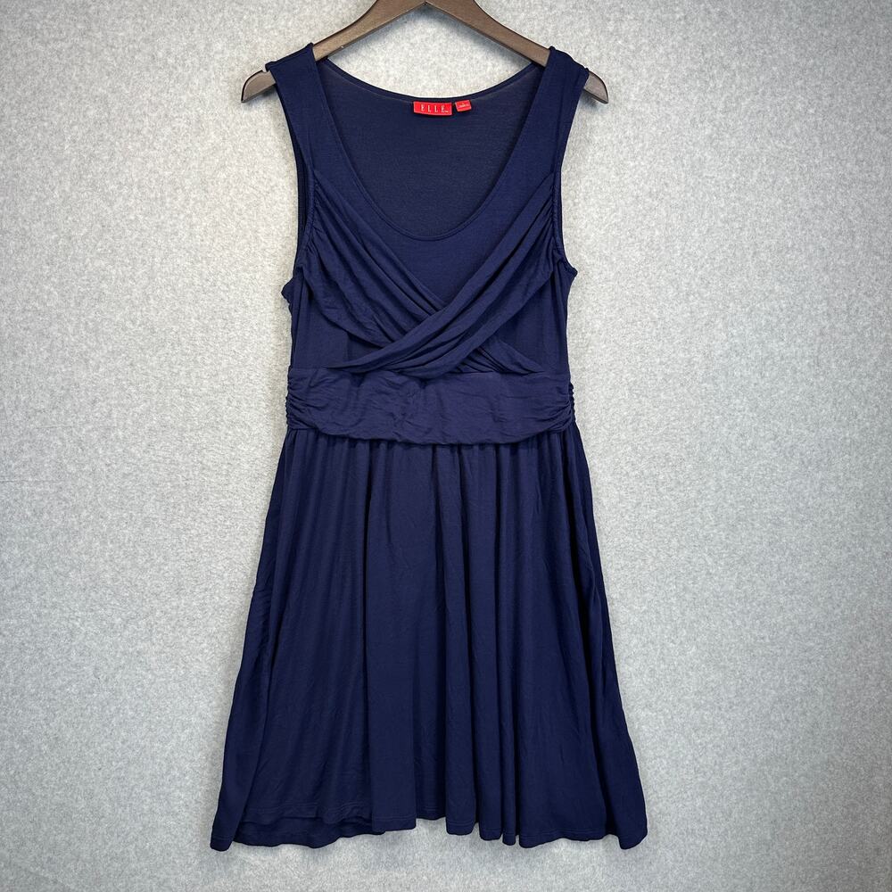 Elle Dress Womens Size L Navy Blue Sleeveless Scoop Neck Knee Length Pleated